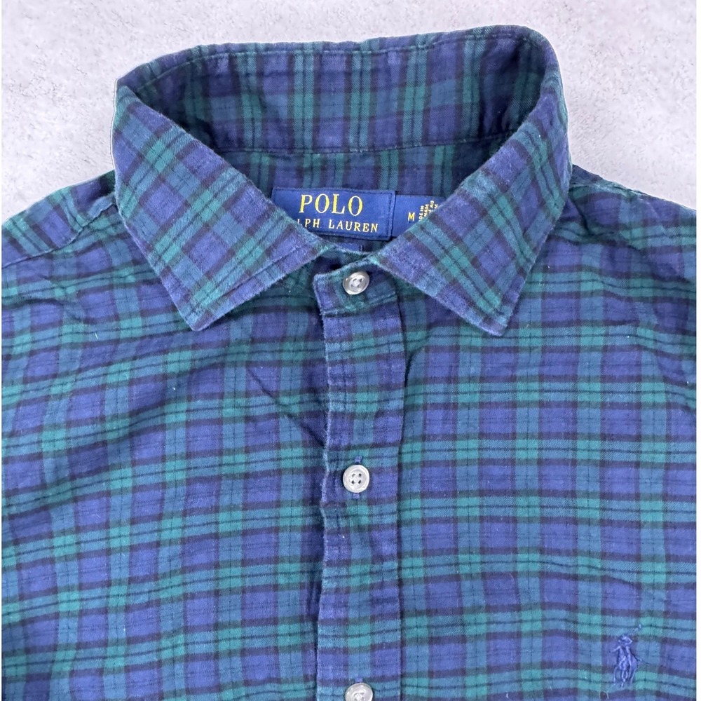 Polo‎ Ralph Lauren Slim Fit Flannel Shirt Mens Medium Black Plaid Navy Green